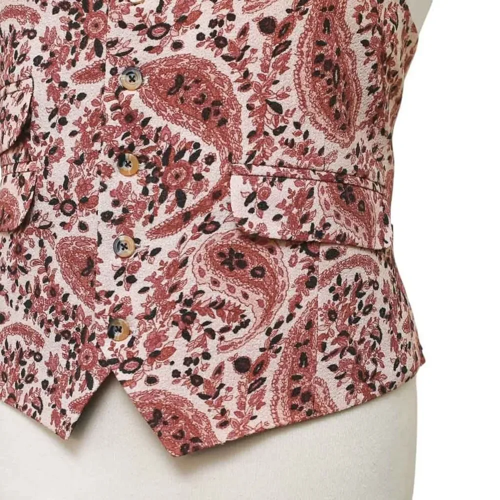 Mens Paisley Vest 44R Red Beige Waistcoat XL Formal Wedding Prom Party Groom